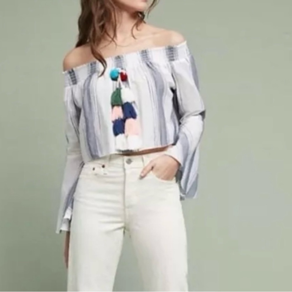 Anthro Lilka Striped Off-Shoulder Crop Top with tassels